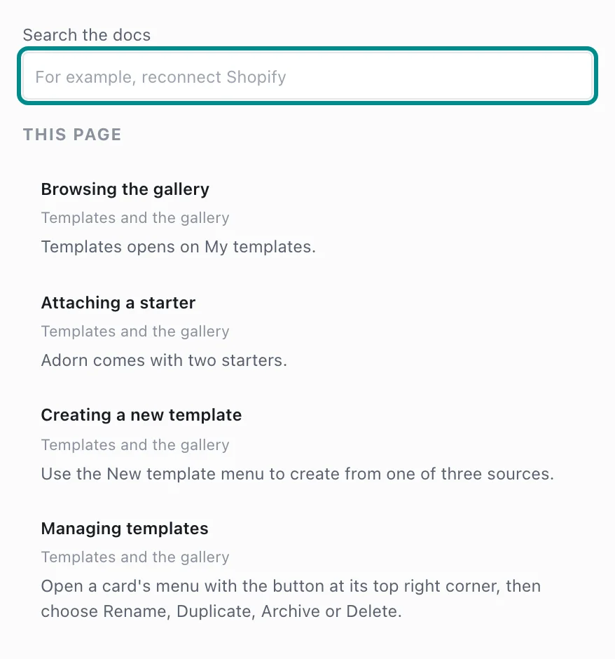 The Help panel, with the Search the docs field marked.