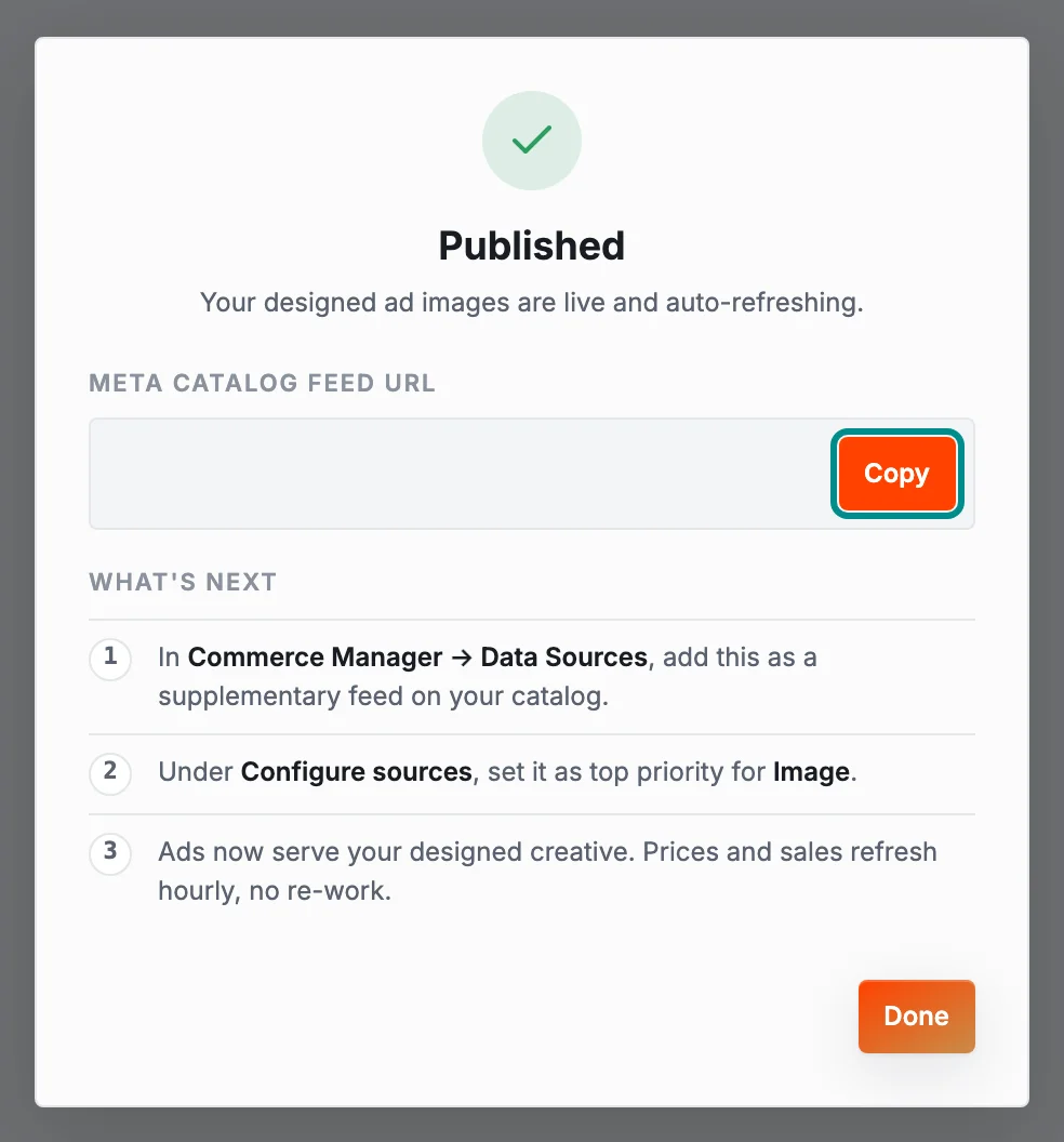 The Published window, with the Copy feed URL button marked.