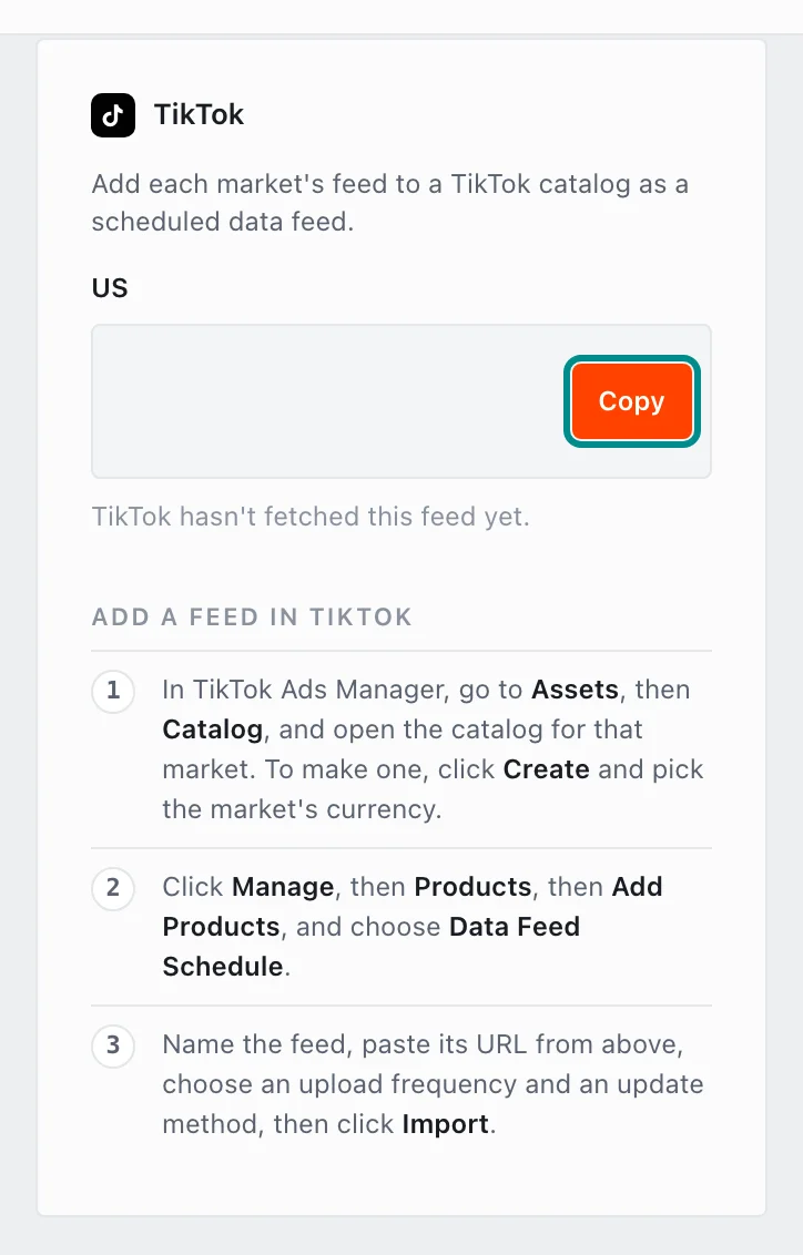 The TikTok card's feed addresses, with the Copy US TikTok feed URL button marked.