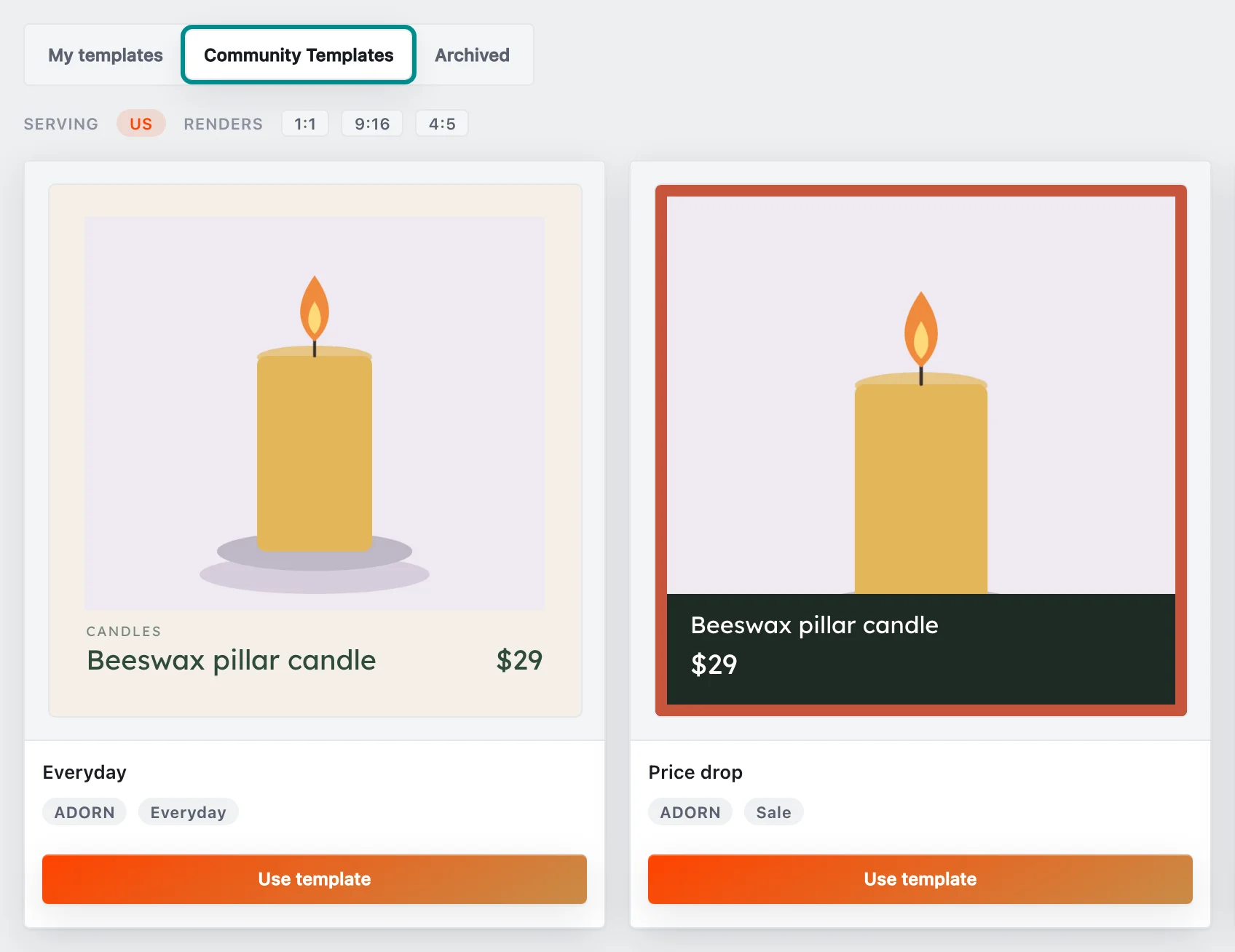 The Templates page's Community Templates, with the Community Templates tab marked.