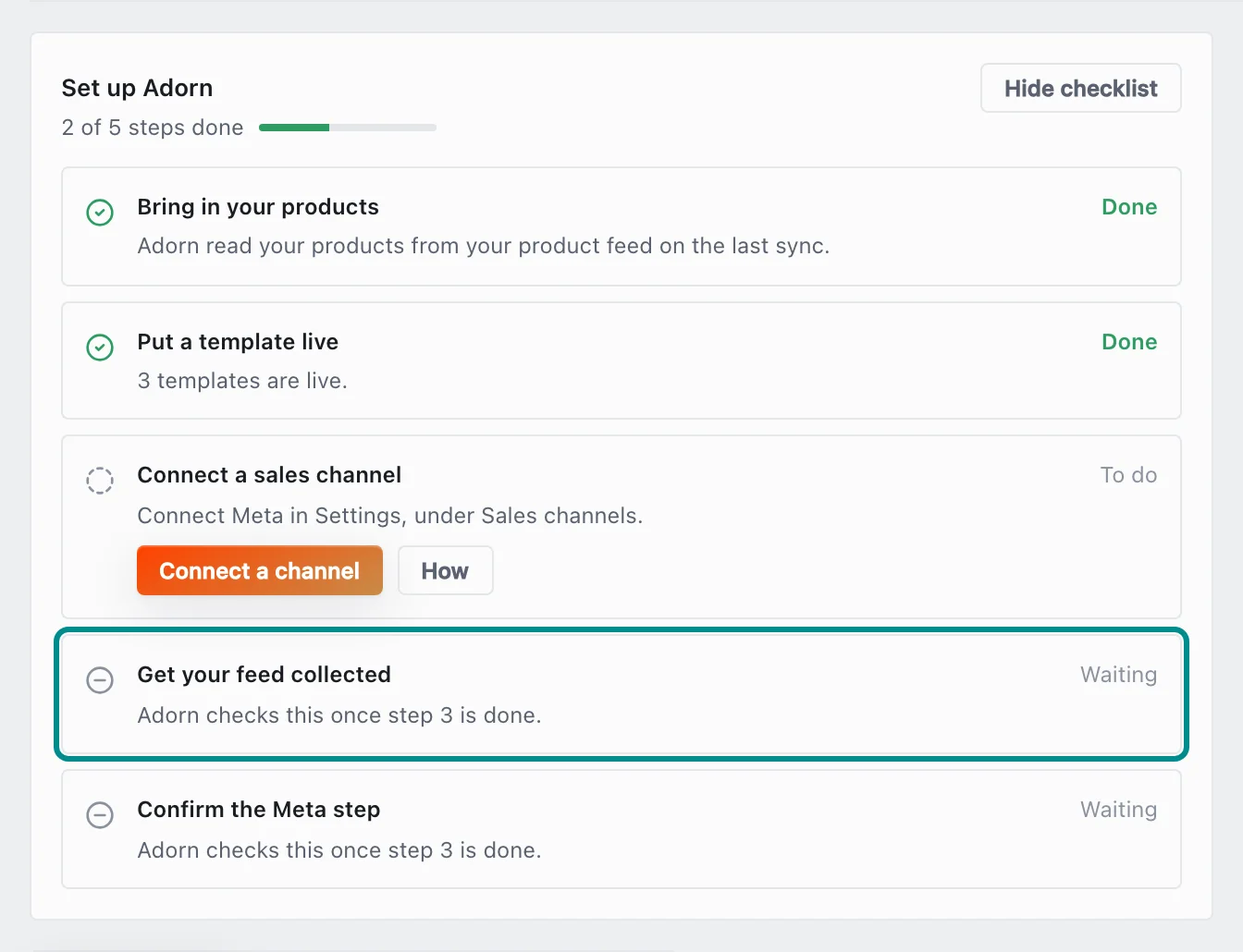 The Templates page's setup checklist, with the Get your feed collected card marked.