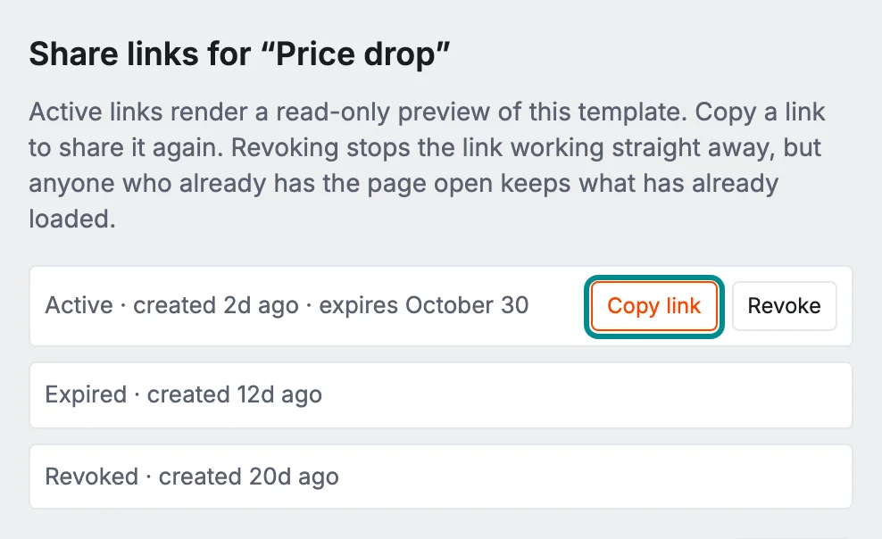 The share links of the Price drop template, with the Copy link button marked.