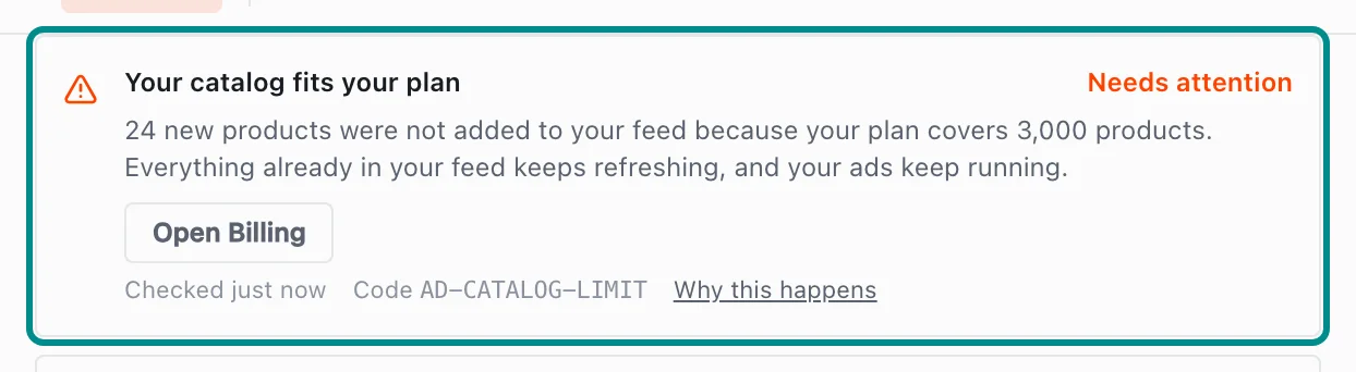 Store health in Settings showing AD-CATALOG-LIMIT, with the Your catalog fits your plan card marked.