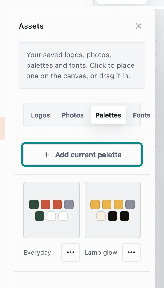The Assets panel's Palettes tab, with the Add current palette button marked.