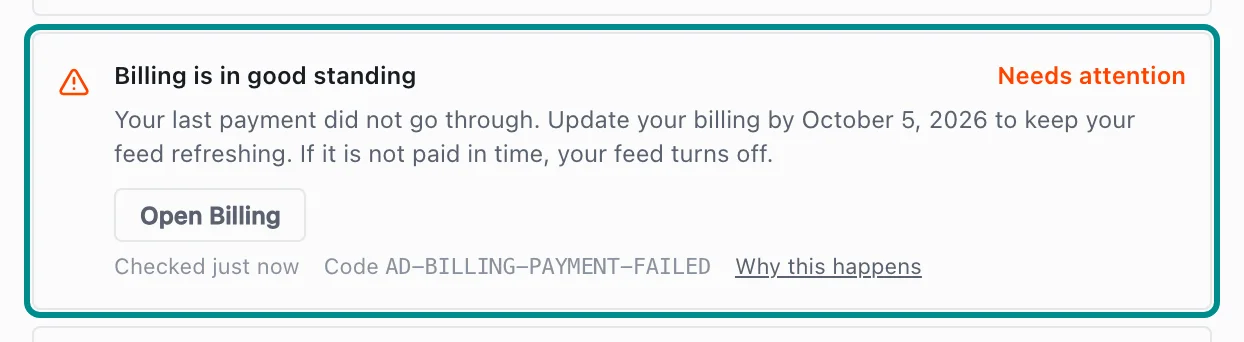 Store health in Settings showing AD-BILLING-PAYMENT-FAILED, with the Billing is in good standing card marked.
